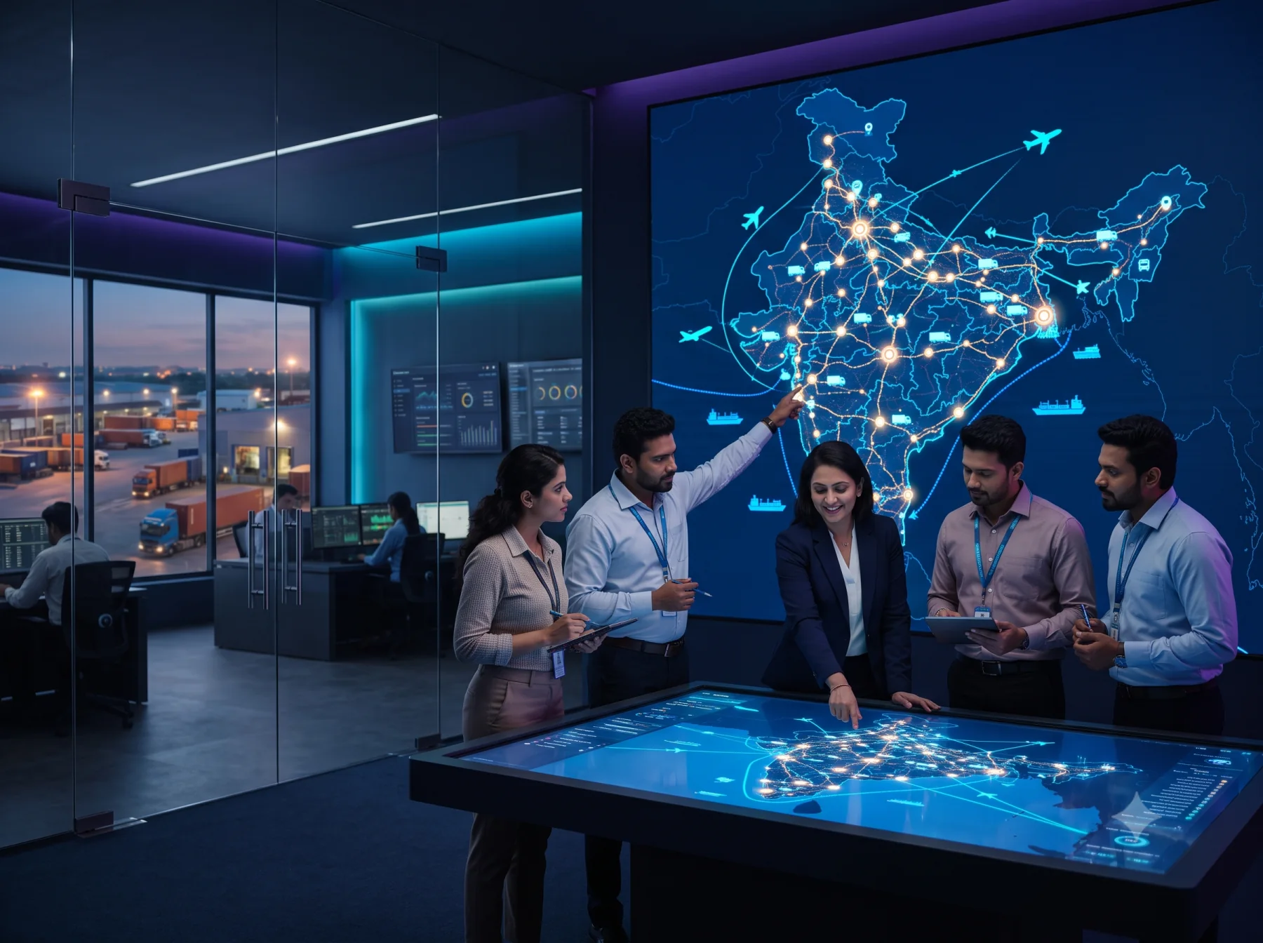 Logistics professionals planning routes across a connected India distribution network